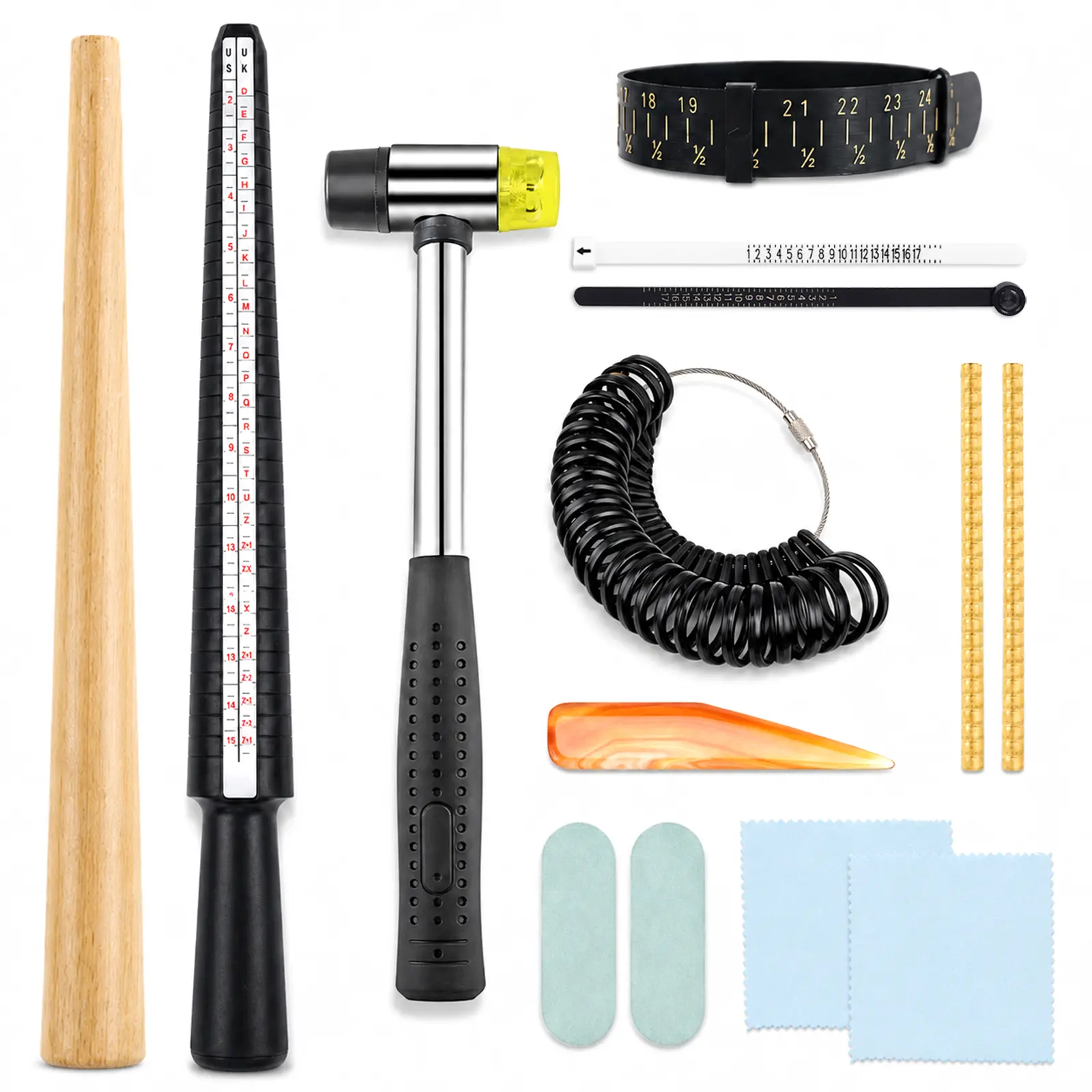 Jewelry Ring & Bracelet Making Tool Kit, Ring Mandrel Set with Ring Sizer Gauge, Measuring Belts, Nylon Hammer, Wooden Mandrel and Polishing Tools