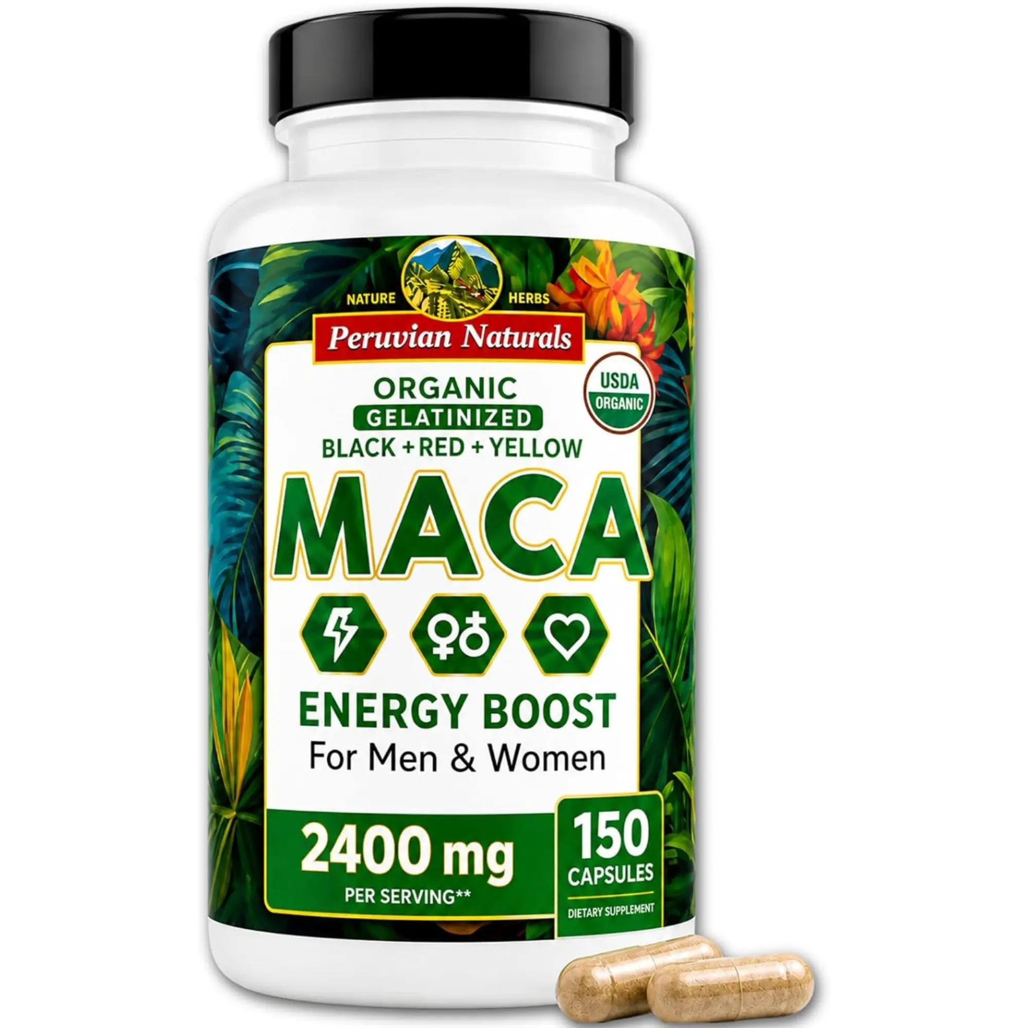 Maca Root Capsules 2400mg for Women & Men – Organic Black + Red + Yellow Gelatinized Maca Peruana – Energy, Stamina, Vitality & Gaining Support Non-GMO Vegan Gluten-Free 150 Count All Natural Supplement – Peruvian Naturals