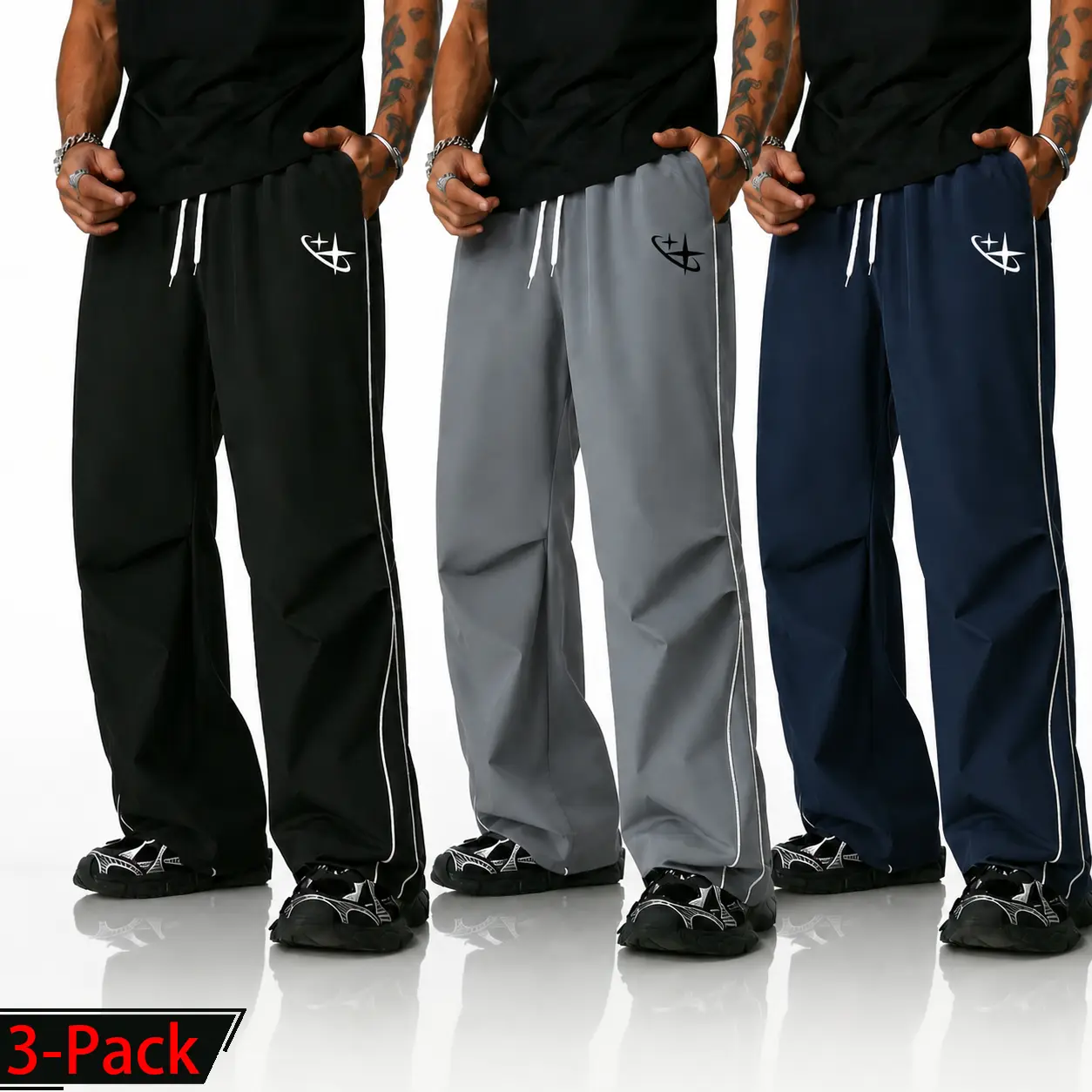 Available in packs of 1/2/3; unisex casual athletic pants featuring an ultra-breathable, lightweight, comfortable summer Y2K street style with star print, elastic waistband and drawstring, side stripes, long length—ideal for the gym, leisure, running, and