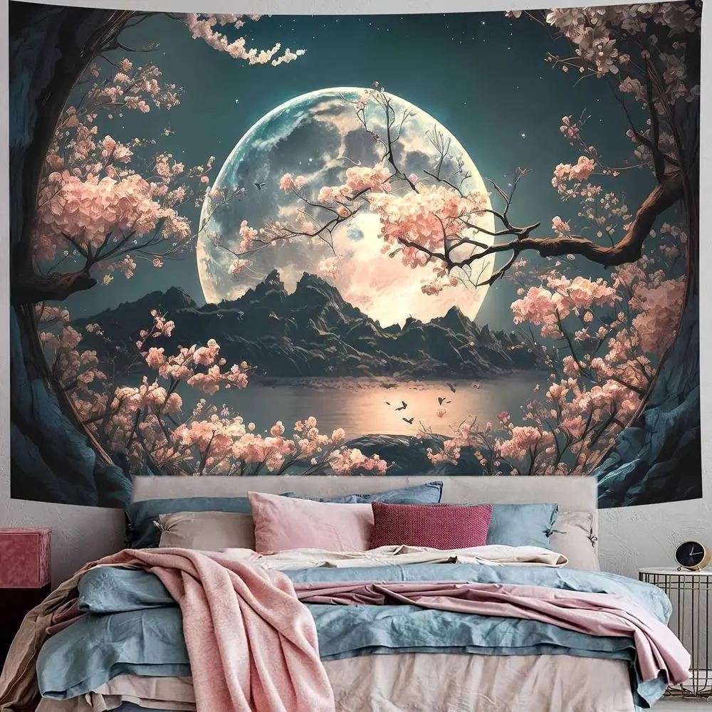 1PC Polyester 2D Flat Fantasy Moonlit Night Cherry-Blossom Landscape Tapestry - Nordic-Inspired Bedroom Headboard Cloth, Living Room Decor Wall Hanging, Dorm Renovation Art Backdrop