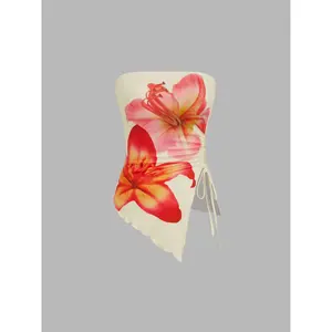 Cider [size 2-10] Floral Graphic Drawstring Asymmetrical Hem Bandeau Top