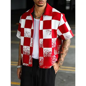 Men's Red and White Checkered Jacket, Short Sleeve Zip Up Jacket with Distressed Pattern, Casual Streetwear Style, Comfortable Cotton Blend Fabric, Versatile Outerwear for Men, Perfect for Spring and Fall