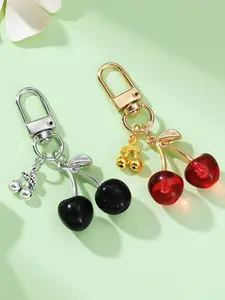 1pc Y2K Cherry Keychain - Zinc Alloy Mini Cherry Charm Keyring with Black & Red Glossy Accents, Decorative Bag Charm for Women, Purse Accessories, Keychain for Bags