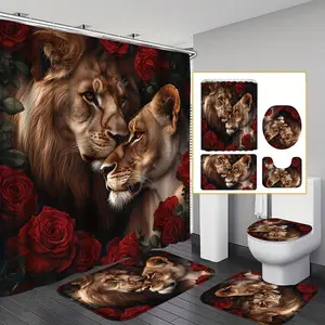 Lion & Rose Pattern Bathroom Decor Set, 4 Counts/set Shower Curtain & U-shape Pad & Bath Mat & Toilet Lid Cover, Bathroom Accessories for Home Decor, Bathroom Decoration Accessories