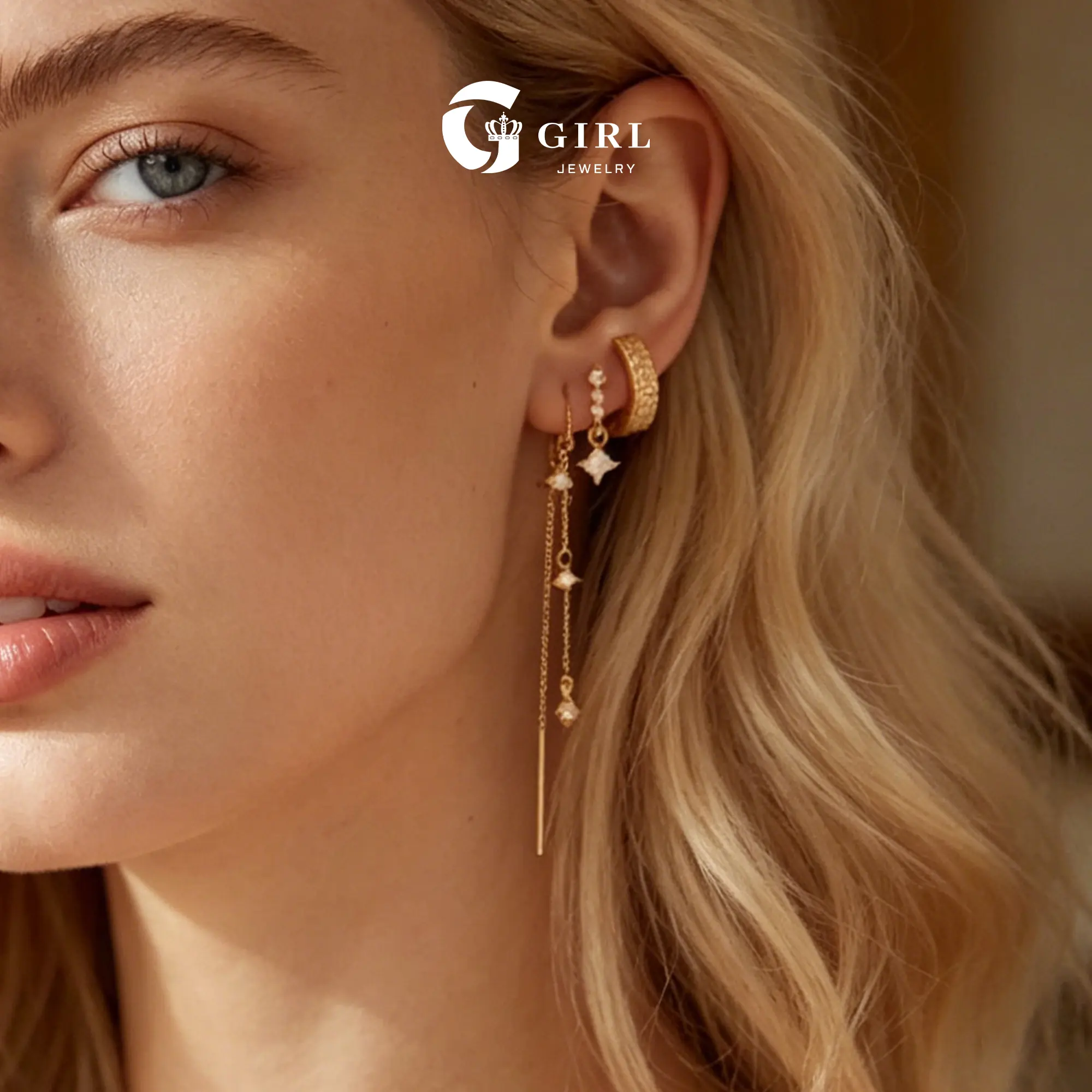 GGIRL 3-Pairs/Set 18 Karat Gold Plated Stainless Steel Earring Stacking Set - Chic Style Dangle, Gold Statement, Chain-Attached Huggie Drop Tassel Zirconia Earrings, Comfortable Fashion Jewelry Gift for Holidays, Dangle Earrings