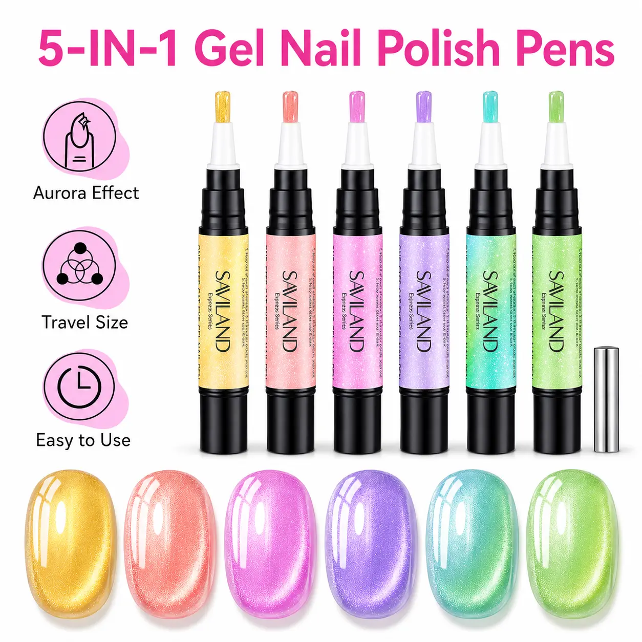 SAVILAND 5-in-1 Gel Nail Polish Pen – Base, Color & Top Coat All-in-One with Aurora Effect, Easy UV/LED Curing, Mess-Free Travel-Friendly Design for DIY Nail Art