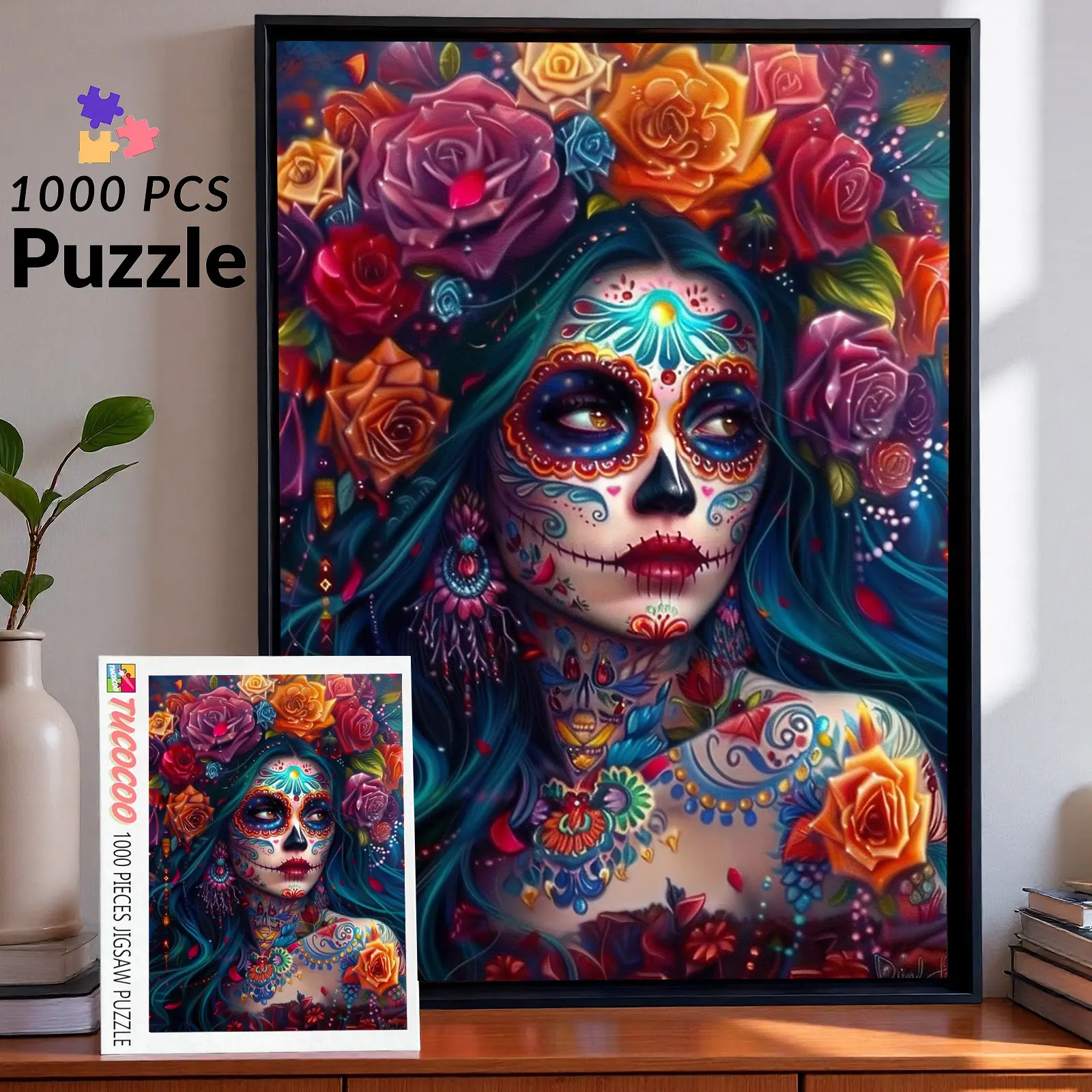 Tucocoo 1000-Piece Colorful Sugar Skull Woman Jigsaw Puzzle - Day of the Dead Artwork, 27.5x20in (70x50cm) Ecological Recycled Cardboard, Adult Brain Challenge, Relaxing Hobby, Meaningful Birthday Gift Ideas