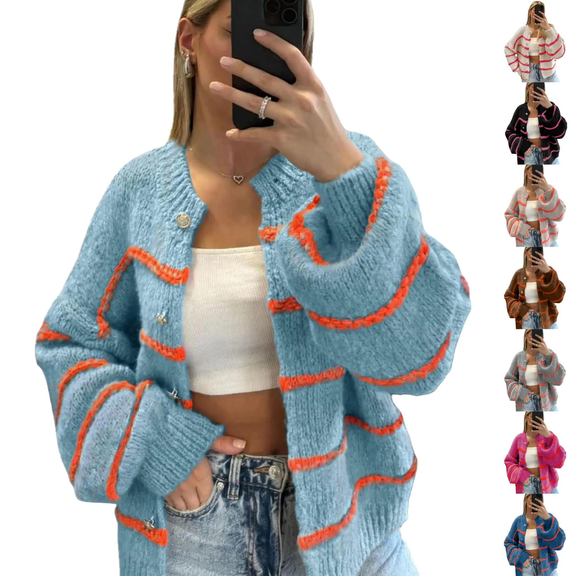 WoodBerry Women's Oversized Contrast Stripe Acrylic Cardigan - Long Sleeve Crew Neck Button Down Cozy Thick Knit Elegant Korean Baggy Knitted Top for Business Casual (XL), Athletic