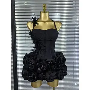 Red Women's Halter Full Floral Bodycon Mini Bandage Dress for Nightclub Party Birthday Formal Wear in Polyester Material - Workwear