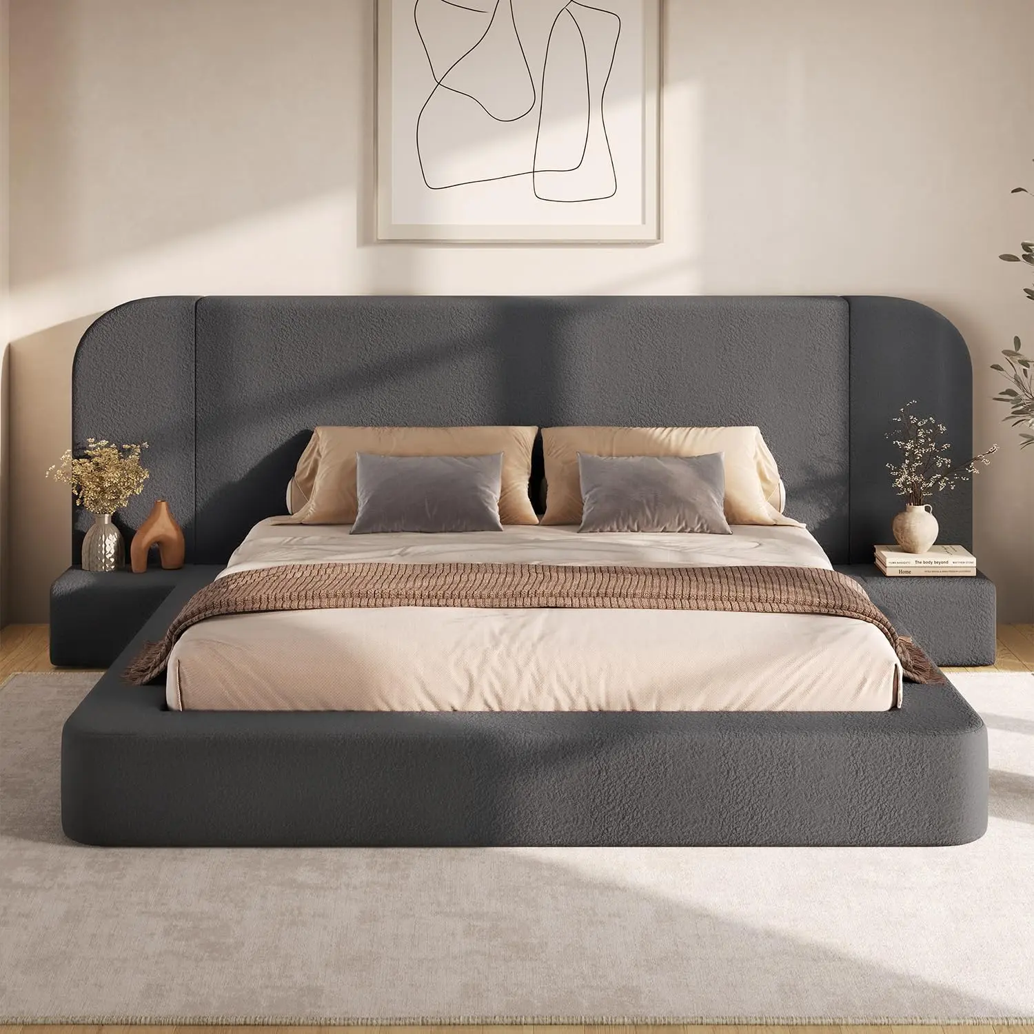 ADORNEVE Modern Velvet Upholstered Cloud Bed Frame Queen - 94.1" Wide Headboard, Nightstands, 4.9" Fully Cushioned Foam, Soft Edges, Easy Assembly