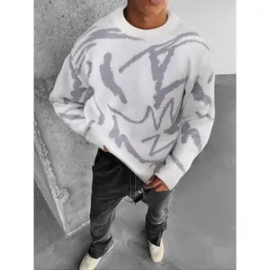 Men’s off-shoulder sweater pullover with geometric print, soft and comfortable long-sleeve crewneck jumper for autumn and winter casual streetwear, men’s knitwear for everyday wear