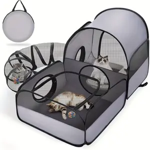 Three-In-One Cat Dog Playpen with 360 Degree Tunnel, Soft Breathable Mesh Design, Easy Assembly, Durable Pet House, Indoor Outdoor Use