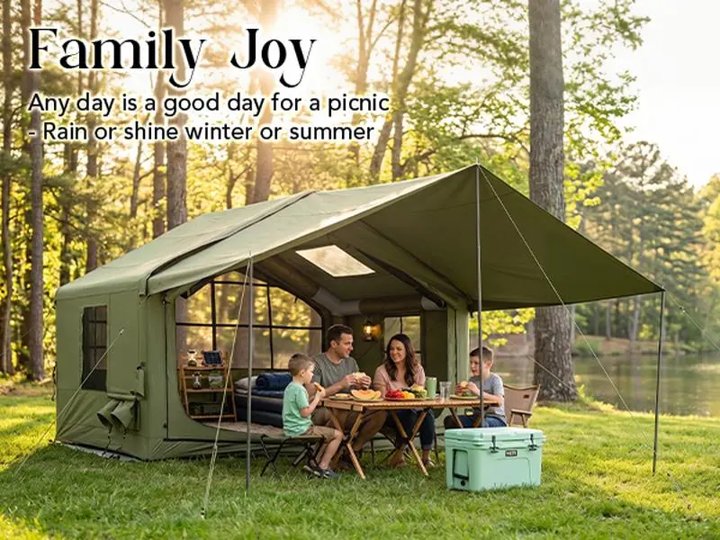 SENLEETO Premium Inflatable Tent - 4-Season, 3-4 Person Weatherproof Dome Camping Shelter for Glamping Trips, 420D Oxford Fabric, 6-in Thick Air Columns, Extended Adjustable Awning, Stove Jack, AC Port (Camping Accessories), Warm, Instant Cabin Tents