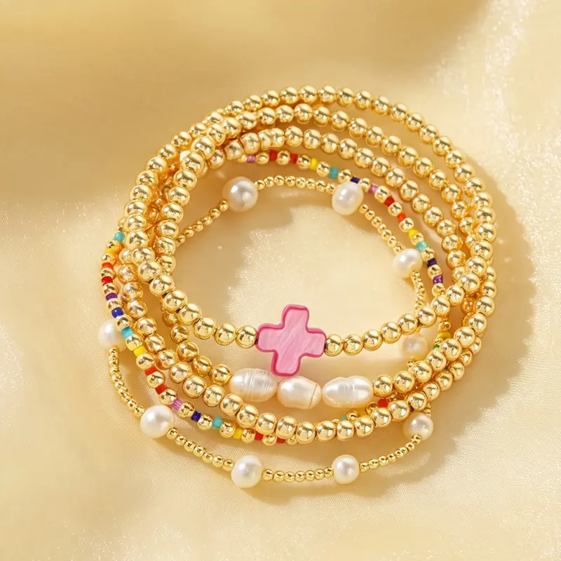 Women's 5-Pc Exquisite Bohemian Pearl Beaded Cross Matching Bracelets Set - Layered, Stacked Look, Stretchable, Adjustable Size, Summer Beach Christian Jewelry, Friendship Gift, Convertible Anklet, Back-to-School, Matching Sets, African Vinyl Disc Beads