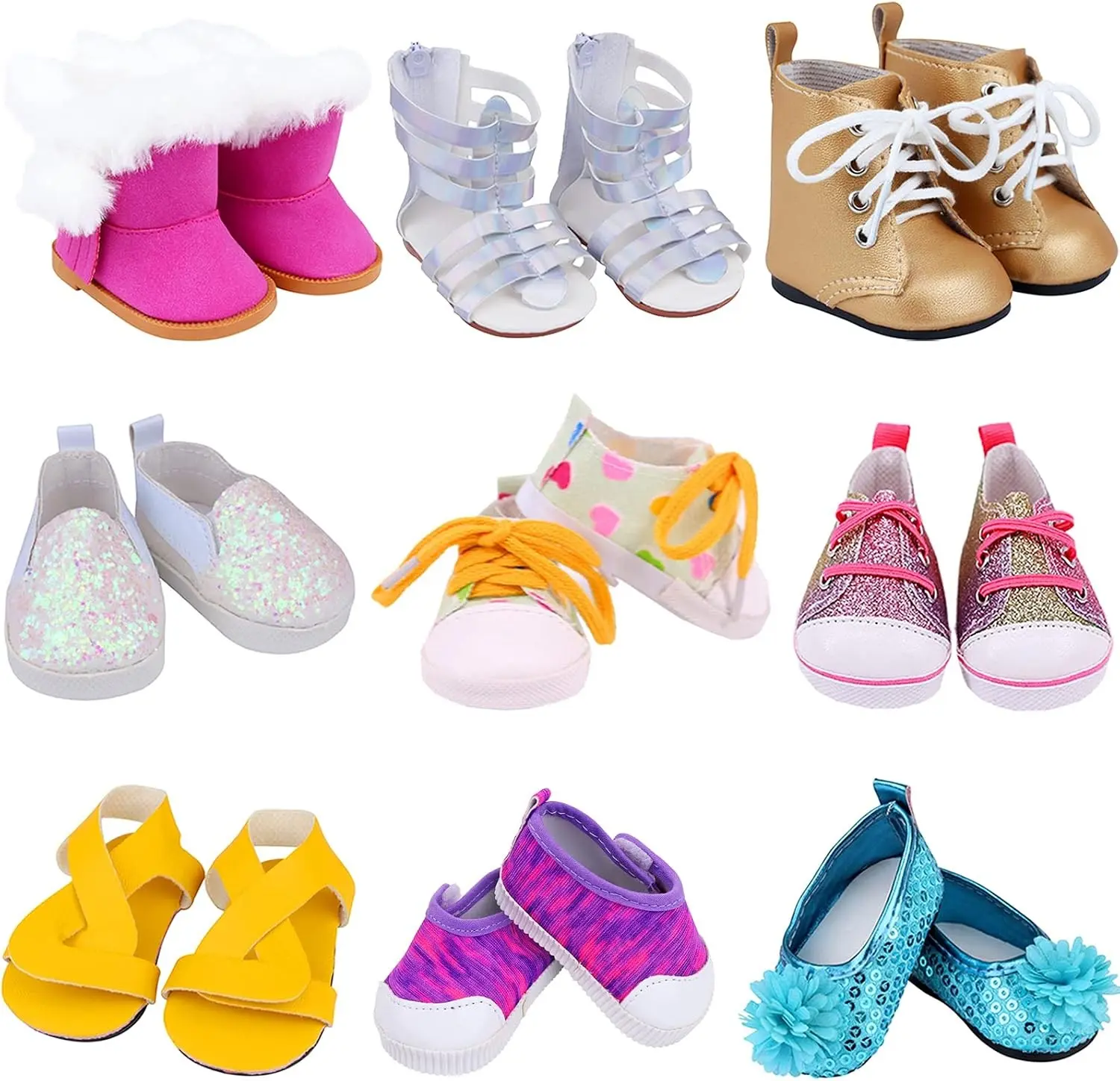 18 Inch Girl Doll Accessories Includes 9 Pairs Random Style Shoes Fit for 18 Inch Girl Doll, Including Snow Boots, Leather Shoes, Sandals and Slipper