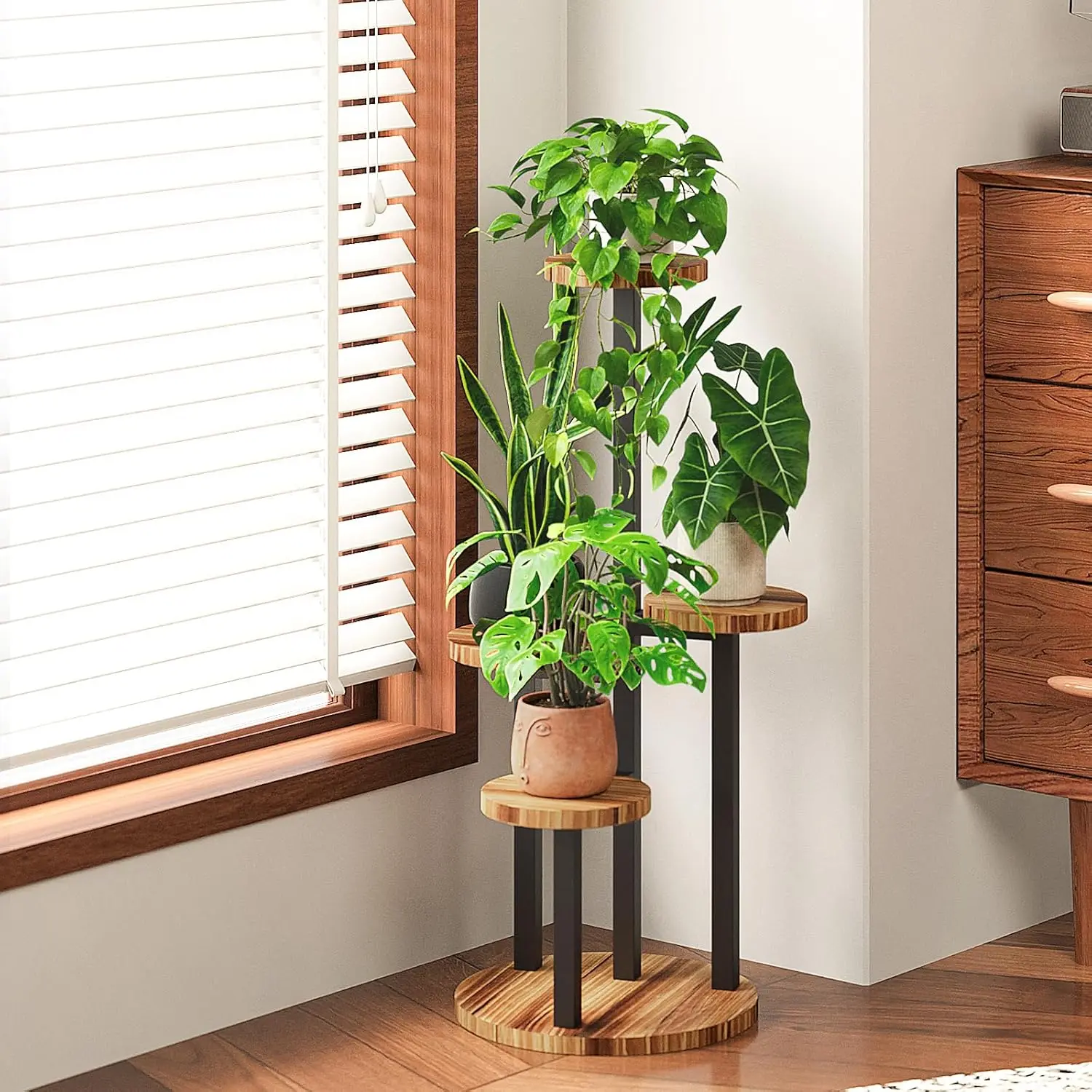 Bamworld 3-Tier/4-Tier Brown Metal Vertical Garden Stand - Home Supplies Metal Frame Sunlit Window Shelf, Bedroom Corner Brightening Indoor Small Space-Saver, Outdoor Porch Decor Plant Organizer