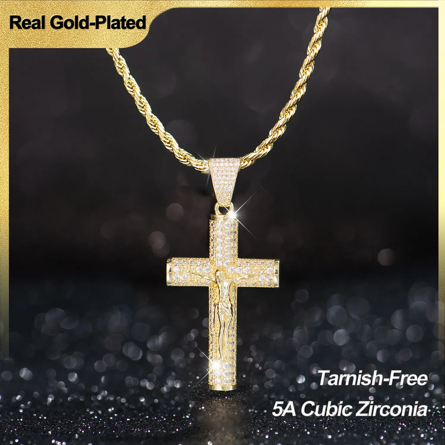Holylegend 14 Karat Real Gold-Plated Men's Cross Necklace - Advanced Nanotech Tarnish-Free Rope, Miami Cuban, Figaro Chains with Jesus Crucifix Pendant, 24in Christian Men's Accessories, Father’s Day Gifts for Him, Cuban Link Chain, Cuban Link Necklace, F