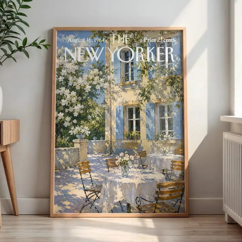[Sale off up to 50%] [Free ship] [No Frame] Vintage New Yorker Poster  Retro French Courtyard Spring Print  Outdoor Cafe Terrace Wall Art  Mid Century Magazine Cover