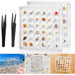 Seashell Display Box,Clear Sea Shell Display Box,Beach  Storage Organizer Case for Seashell  Beads,72 Grids,Transparent,2 Pack