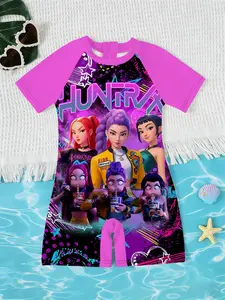 Girls' Kpop Series One-Piece Swimsuit, Summer Short Sleeve Quick-Dry Fun Cartoon Print Swimwear, Beach Holiday Swimming Suit Swimsuit Style