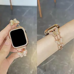 Butterfly Synthetic Diamond Strap + Double Row Diamond Case, for Apple Watch 38/40/41/42/44/45/46/49m, for Apple Ultra/Ultra2 Series 10/9/8/7/6/5/4/3/2/1/SE Alloy Butterfly Inlaid with Rhinestones, Artistic, Fashionable, Gorgeous Personalized Watch Strap.