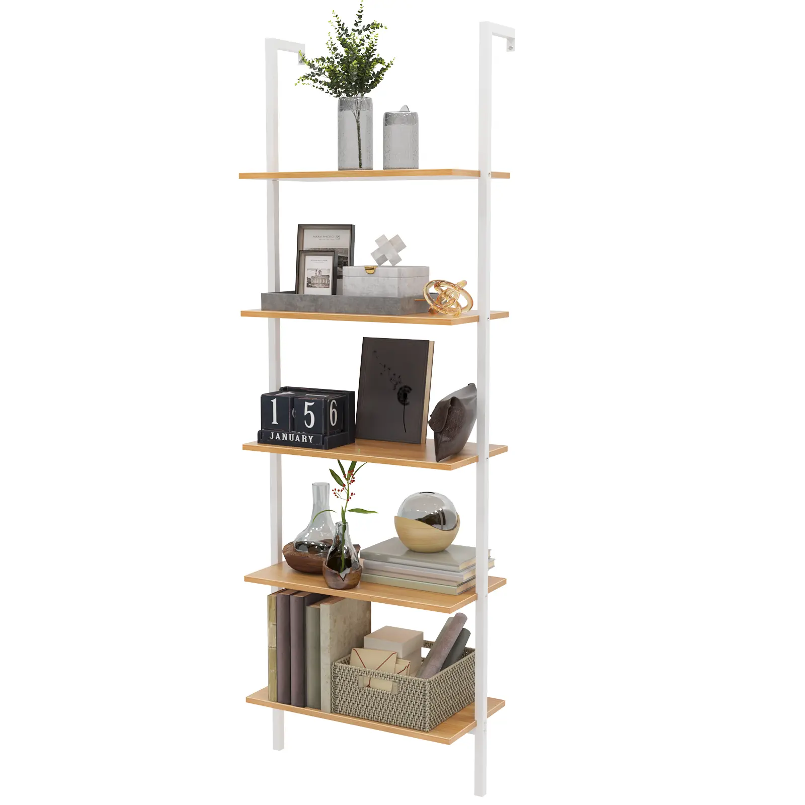 Soges 5 Tier Solid Wood Wall Mounted Ladder Shelf, Display Rack for Living Room Bedroom Home Office, Easy Clean Storage Shelf for Books Plants Toys, Space Saver
