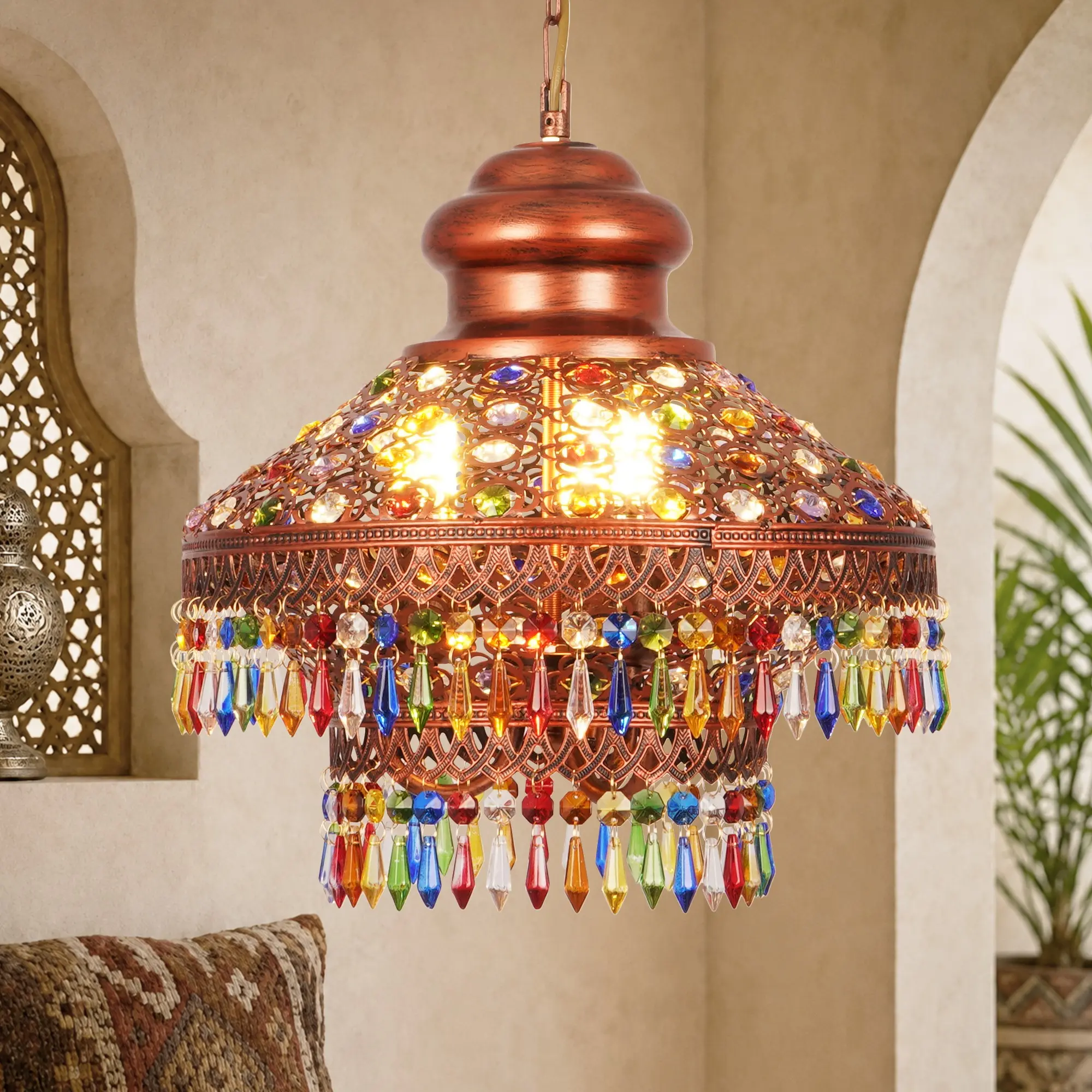 13.4 Inch Bohemian Colorful Crystal Tassel Pendant Light, Vintage Moroccan Stained Crystal Hanging Lamp, Hardwired Adjustable Chain Ceiling Light with 3 E14 Sockets for Kitchen Island Bar Cafe Dining Room Decor