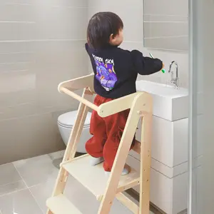 Foldable Toddler Tower Preassembled Kitchen Stool, Folding Tower for Learning with 3 Adjustable Heights Montessori Toddler Standing Tower Collapsible Step Stool for Kids 1.5-6y Natural high chair