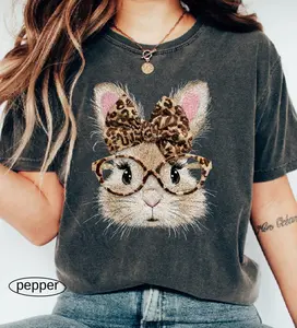 Victoria Maxwell, Retro Happy Easter Bunny Graphic T-Shirt, Coquette Leopard Bunny Shirt, Spring Women Tee, Trendy Easter Day Gift
