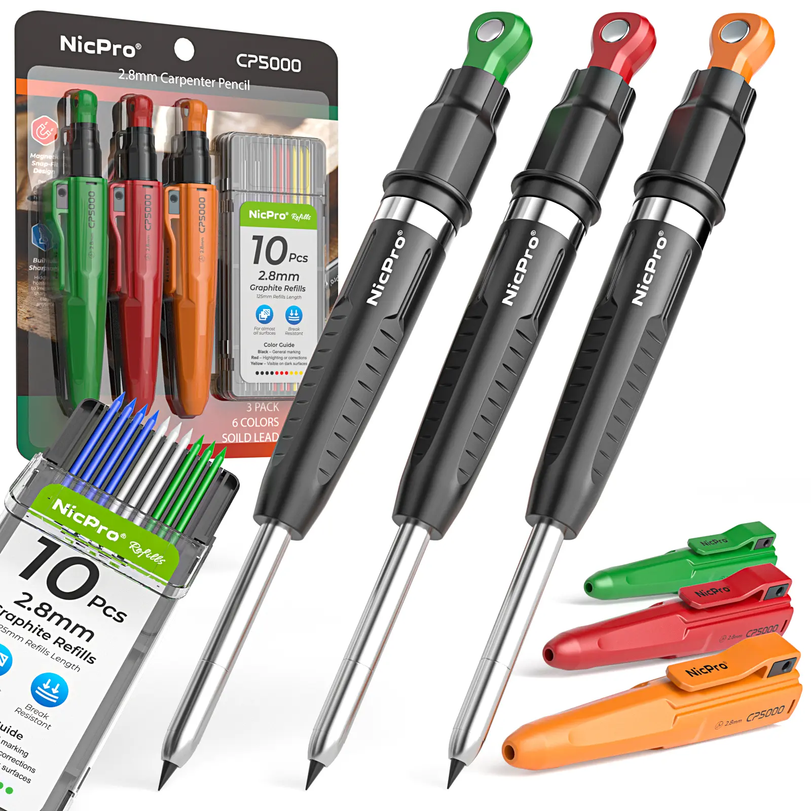 Nicpro 7-in-1 CP5000 Magnetic Mechanical Pencils (3 Pack) - Graphite, Bullet Tip, Assorted, Colorful Mechanical Colored Pencils with Sharpener, 30 Refills, Deep Hole Marker for Construction, Woodworking, Graphite Pencils