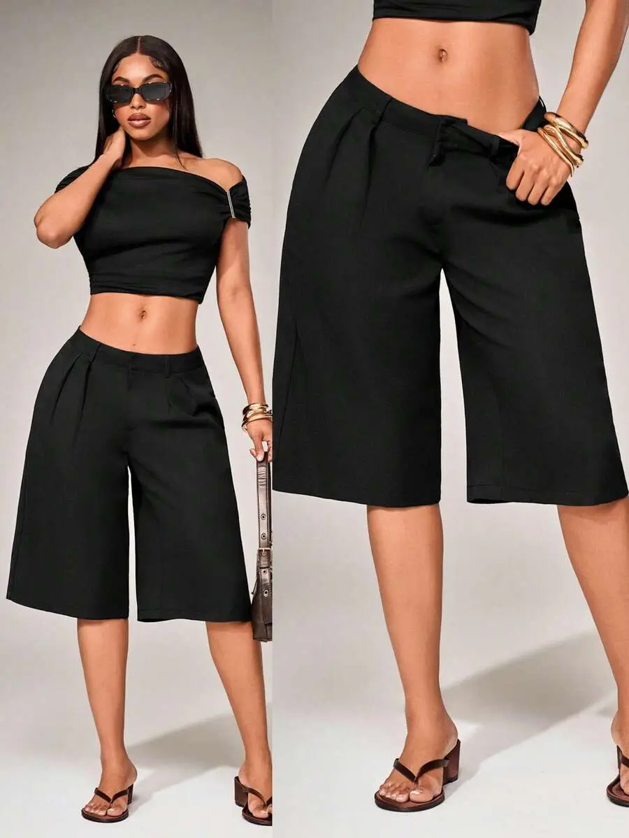 SHARPEN X Women's Casual Black Summer Bermuda Shorts,Chic Low-Waist Loose Wide-Leg Suit Pants,Knee-Length Office Wear Jorts,City Break Minimalist Formal Shorts