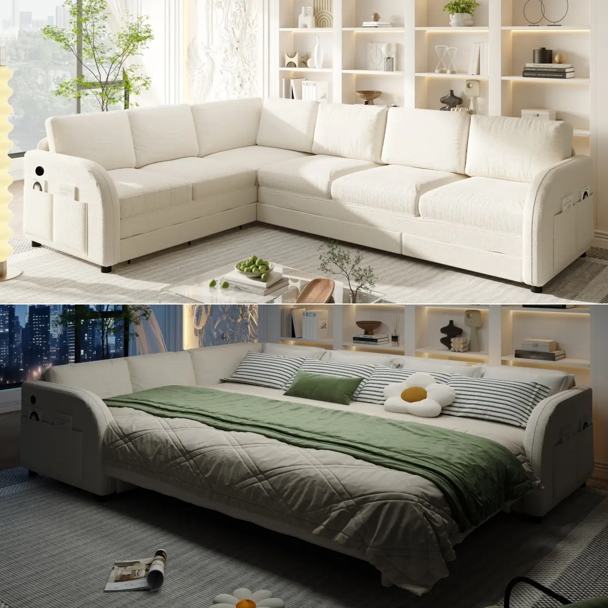 115.2" L-Shaped Sleeper Sectional Sofa with Pull-Out Bed, Oversized Convertible Couch w/ Side Pocket & USB Charging Port, Teddy Fabric Upholstery, Reversible Left/Right Facing, Beige/White​