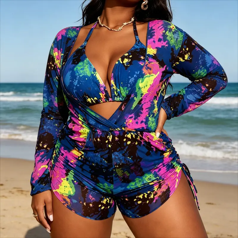 Women's Plus Size Romper Swimsuit Y2K Vibrant Neon Tie-Dye Design High Stretch Cutout Front Halter Neck Long Sleeve Cover Up, Quick Dry Female Beachwear for Summer Swimming