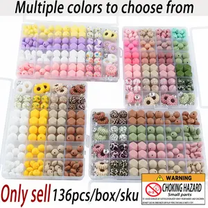 136pcs Silicone Beads Set, Beaded Set, 4 Colors Sunflower Design, DIY Craft Supplies with Box, Jewelry Making Kit, Beading Making, Party Favors, Creative Gift Idea, DIY with Charms