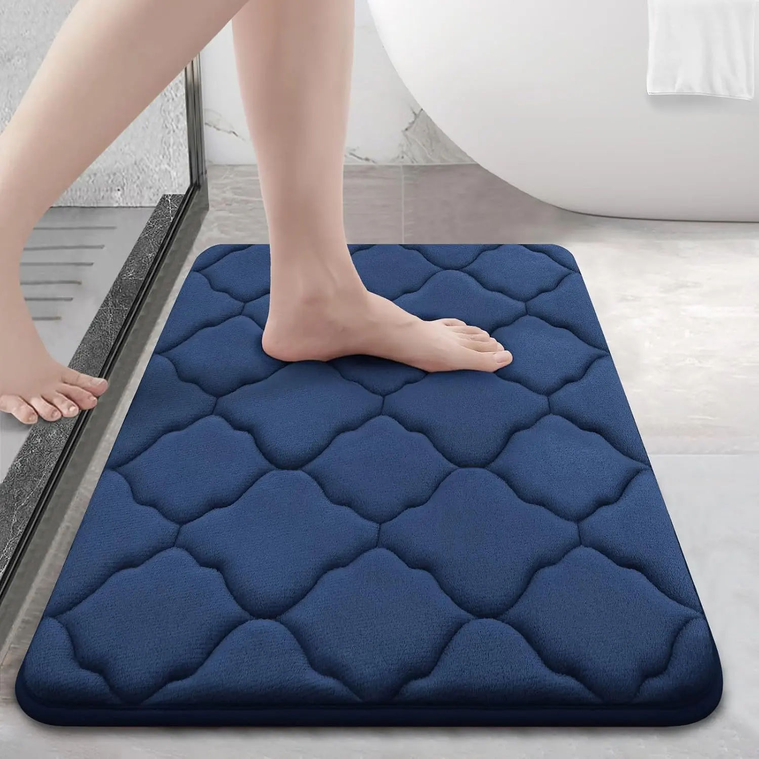 Navy Sturdy Memory Foam Bath Mat (24x16in) - Thick Velvet Cushion, Quick-Drying, Water-Absorbent PVC Shower Mat for Bathroom Floor, Tub, Home Decor, Machine-Washable, Water Absorbent Mat