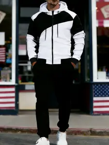 Men's 2-Piece Color Block Hooded Sports Set - Zippered Casual Menswear, Suitable for Everyday Wear