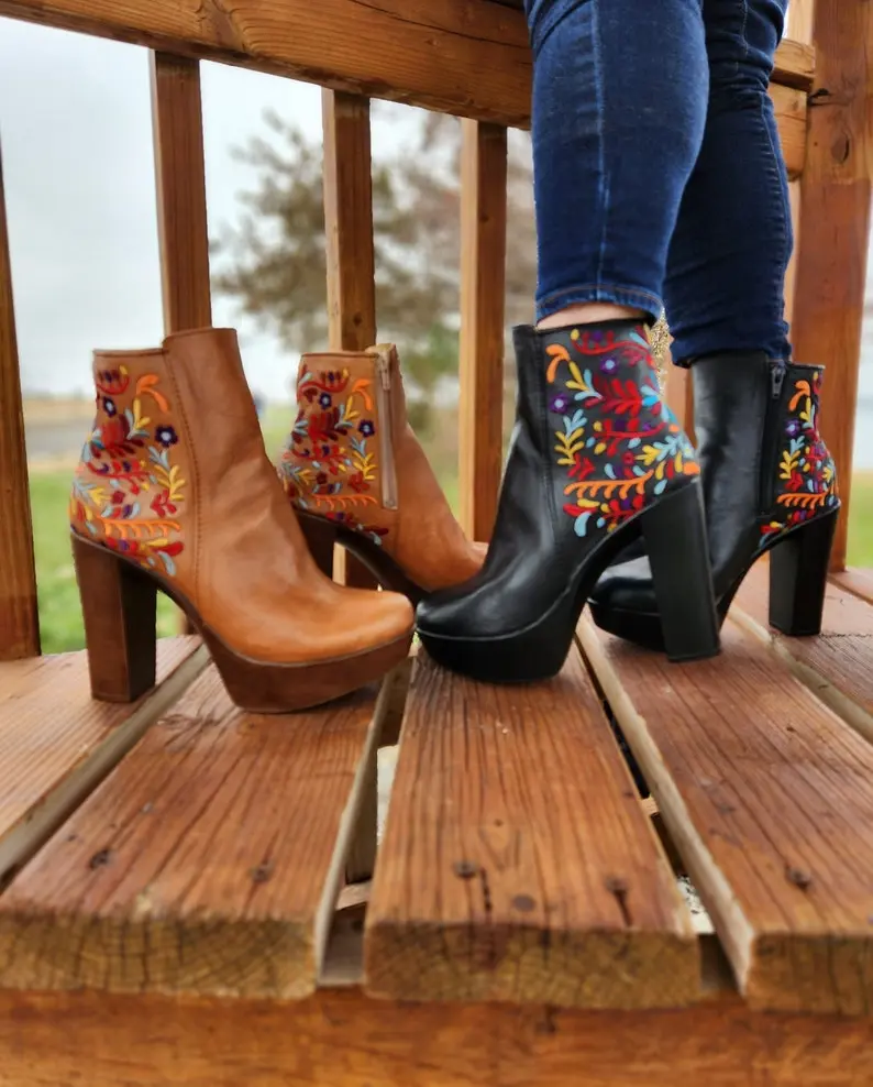 Women's Embroidered Leather Mexican Boots - Karol Platform Heel