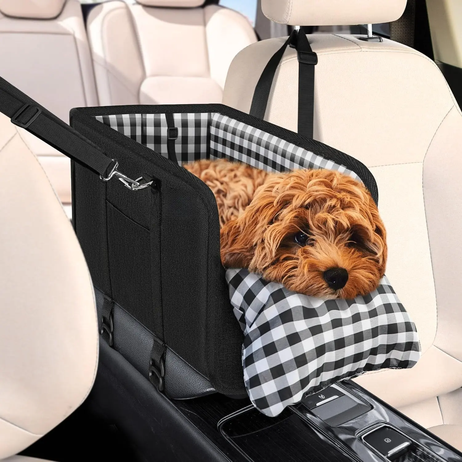 Small Dog Car Seat Center Console Booster Seat for Small Dogs & Cats, Safe Travel Pet Carrier with Safety Leash, Portable Armrest Pet Bed for Car, Non-Slip Pet Travel Carrier for Small Breeds