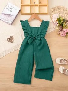 Girls' Bow Solid Jumpsuit, Ruffle Wide Leg Pants Elegant One-Piece, Cute Sleeveless Fitted Style, Front Jumpsuit