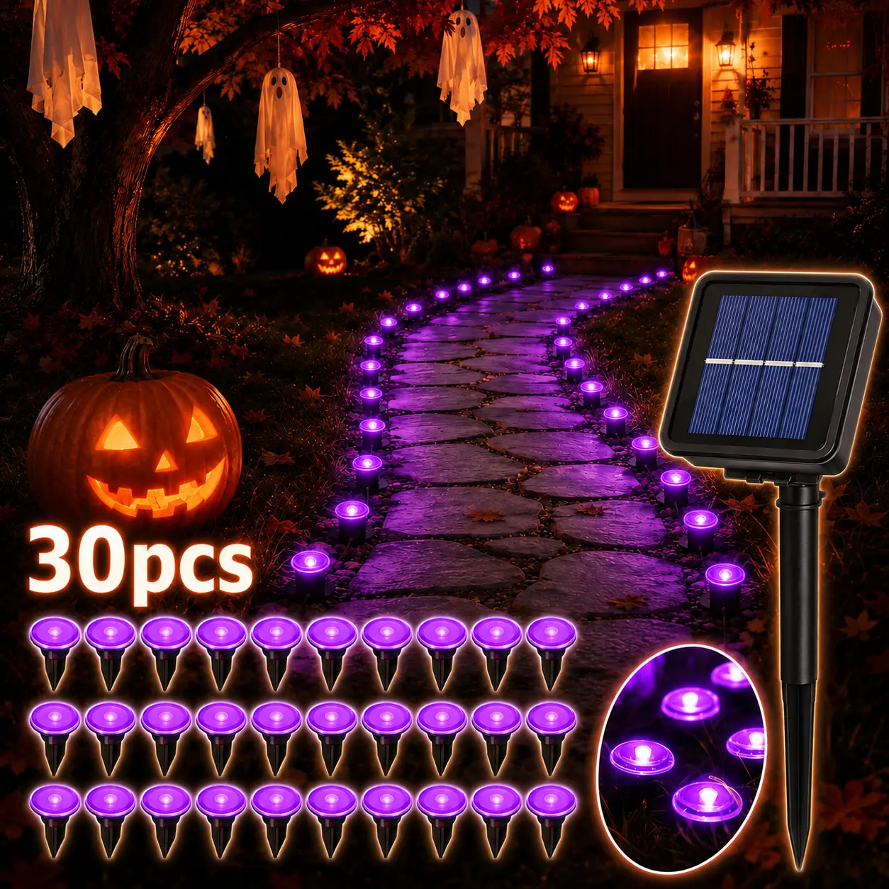 30PCS Solar Blue LED Pathway Stake Lights - 8 Lighting Modes, Waterproof, Auto Dusk-to-Dawn, Easy-Install Outdoor Decor for Garden Walkway, All-Weather Energy-Saving Patio Driveway Halloween Accents