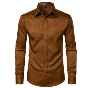 ZEROYAA Mens Shiny Satin Dress Shirts Long Sleeve Button Up Shirts for Party Prom