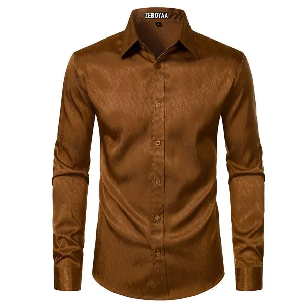 ZEROYAA Mens Shiny Satin Dress Shirts Long Sleeve Button Up Shirts for Party Prom Jacquard Classic