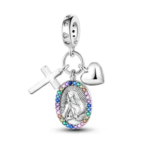 MULA 925 Silver Plated Cross and Virgin Mary Pendant | Rainbow Zirconia Religious Jewelry | Elegant Faith Inspired Jewelry | Fits Pandora Bracelets and Necklaces | Perfect Spiritual Gift for Women