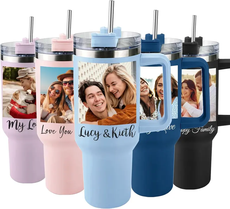 Custom 40oz Tumbler with Picture & Name Personalized Tumbler with Handle and Straw Valentines Day Gifts for Him Her Girlfriend Boyfriend Gift for Birthday Wedding