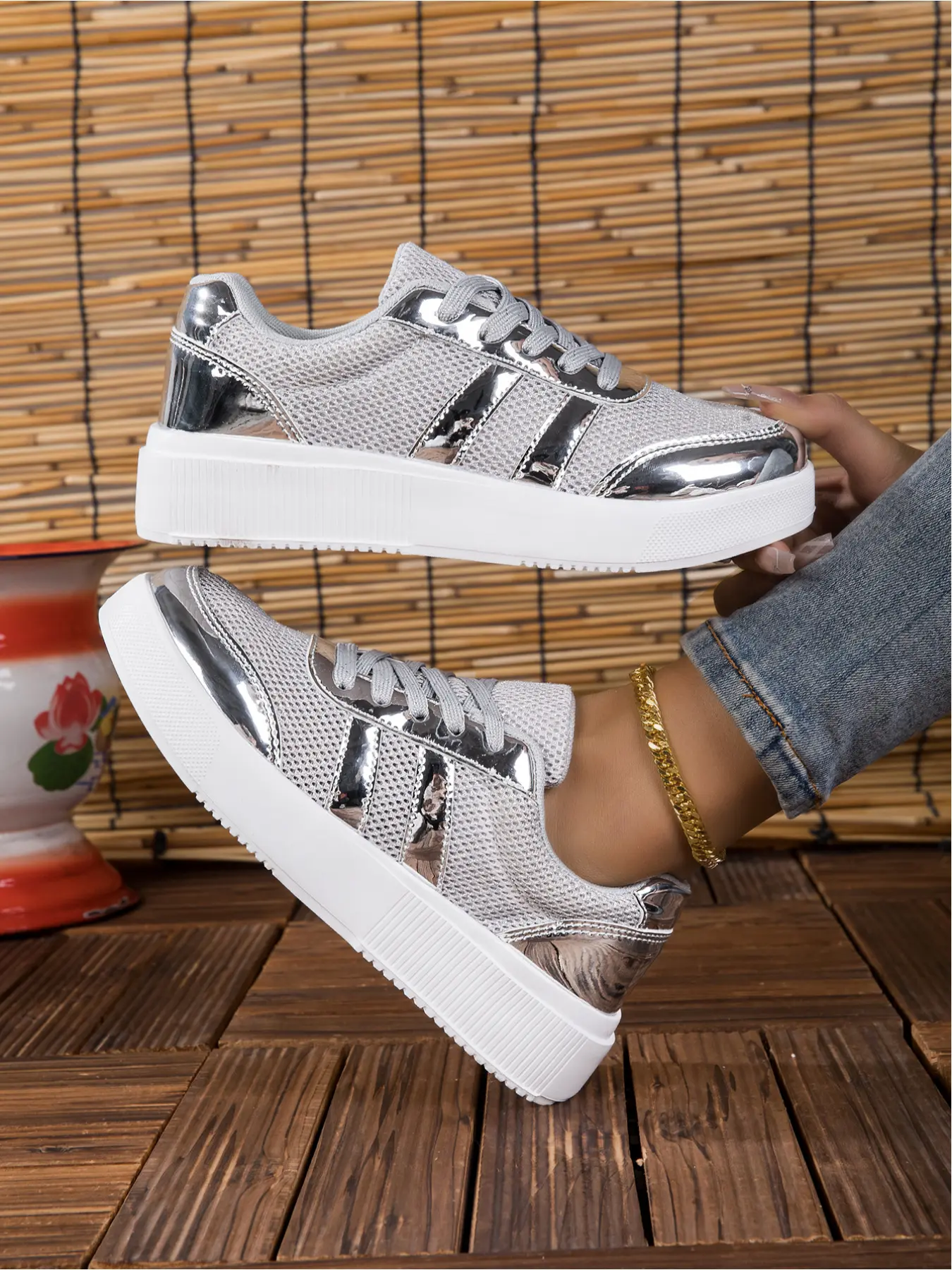 Women's Sparkly Rainbow Platform Sneakers Trainer! Shiny Metallic Skate Shoes, Comfy Wedge Casual Shoes for Outdoor & Daily Outfits