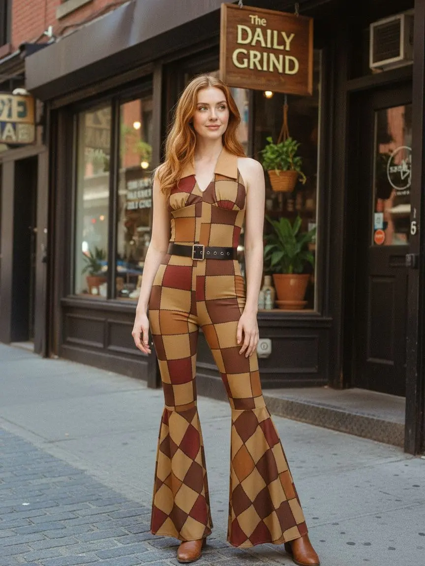 RETRO STAGE Women's Fitted 70s Retro Jumpsuit, High Stretch Bohemian Halter Neck with Abstract Patchwork Print and Flared Legs for Summer Outfits, Zip BackToSchool Sohochic Fall Dresses Fall outfits Fall fashion
