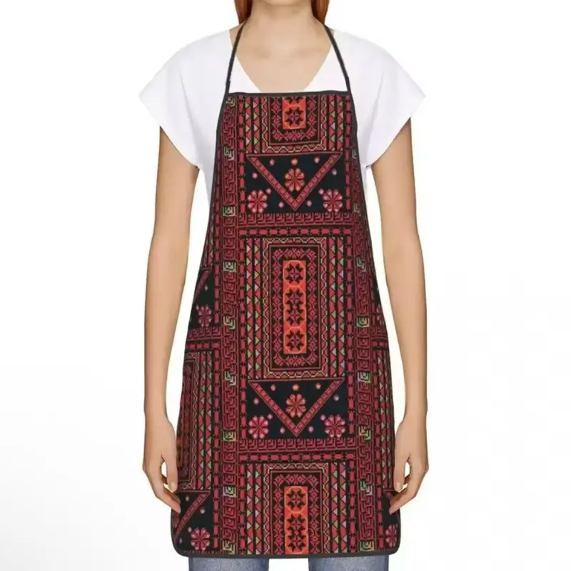 Tatreez Print Apron – Palestinian Embroidery-Inspired Kitchen Apron Red and Black Adjustable Unisex Washable Lightweight Strap