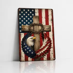 Patriotic American Flag Cross Tin Sign 4th of July Independence Day Decor, Christian Faith Wooden Cross Bald Eagle Wing Metal Poster, Unique Religious Gift for Dad Husband, 8x12 Inch