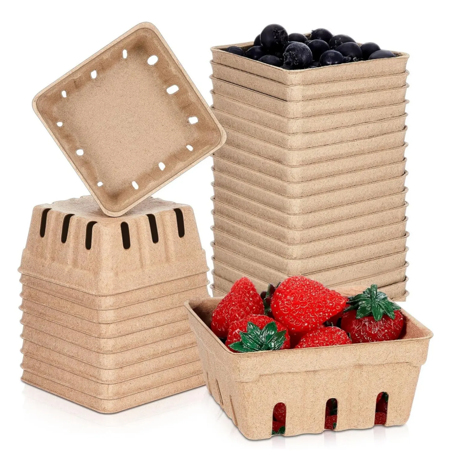 30Pcs (4x4x1.77in) Small Lightweight Natural Pulp Fiber Vented Molded Fruit Vegetable Baskets, Casual Organiser for Picnic, Arts and Crafts, Farmer Market Grocery Storage, Home Improvement Kitchen Supplies