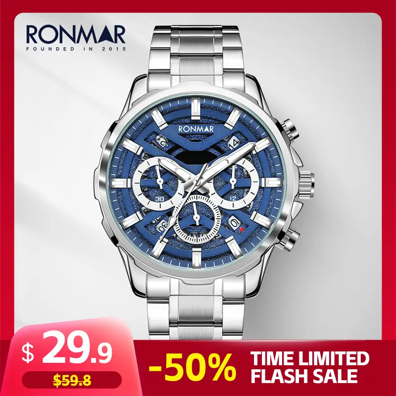 RONMAR Men's Luxury Business Fashion Watch - Multifunctional Quartz Chronograph, Stainless Steel Strap, Calendar Function, 3ATM Water Resistant, Hardlex Glass Dial, Business Fashion Watches, Multifunctional Watch